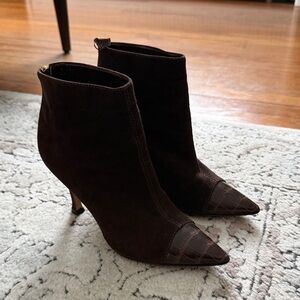 Manolo Blahnik Suede Chocolate Heeled Boots Croc toe
